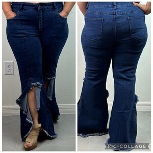 VENUS stretch dark blue high ruffle slit leg 5 pocket flared fitted denim Jeans